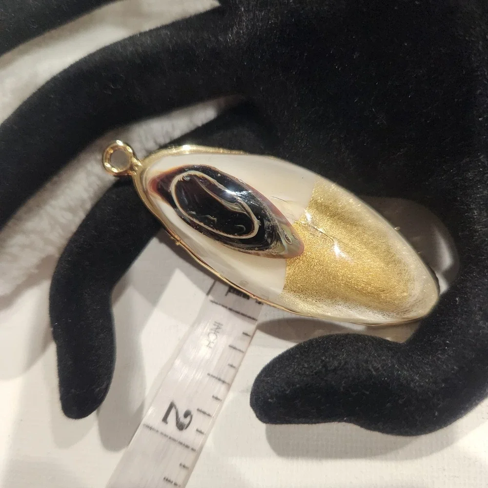 Vintage Gold Tone Pendant Marquise Abstract Resin White Gold Black Swirl chunky